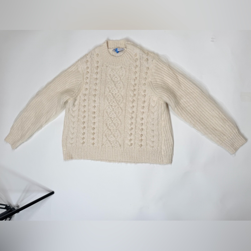 Pearl Cable Knit Sweater Tulle Puff Long Sleeves Top Blouse Relaxed Fit Jumper - Picture 11 of 17